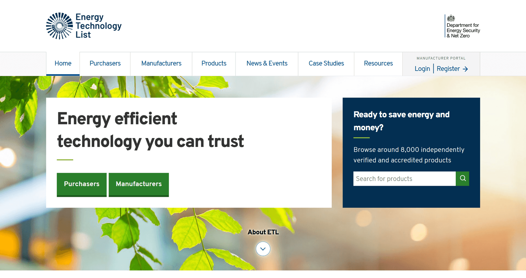 ETL website homepage