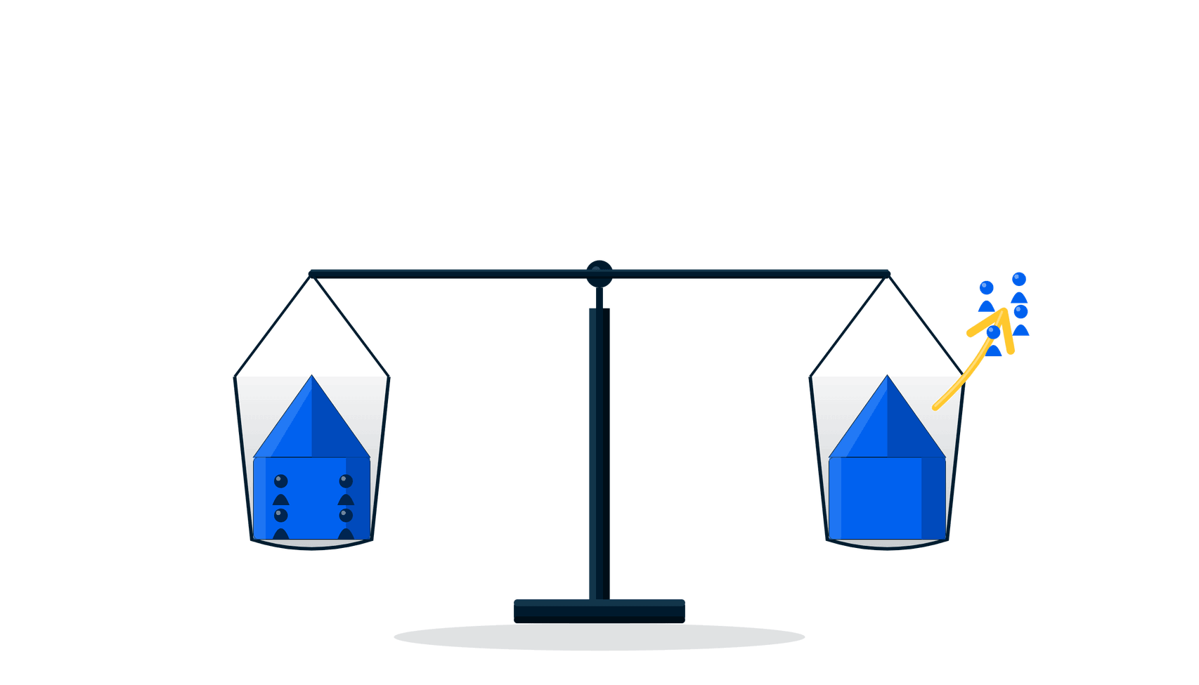 A balance scale with two house icons on each side. On one side people icons are contained within the house on the other person icons are outside it.